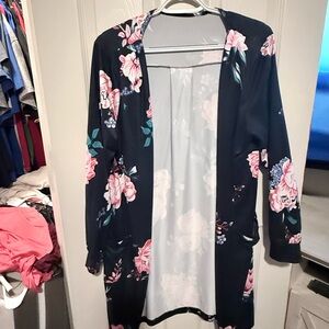 Floral Open-Front Cardigan Sweater - Navy with Pink Floral